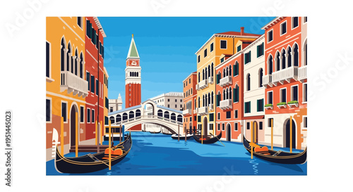 A vibrant colorful illustration depicts venetian canals and architecture showcasing gondolas and a distinctive silhouette high quality professional detailed modern elegant
