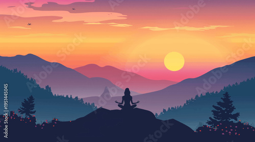 Woman meditating at sunset serene mountain landscape illustration