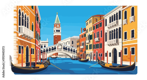 A vibrant colorful illustration depicts venetian architecture gondolas and a canal showcasing a beautiful cityscape silhouette high quality professional detailed modern