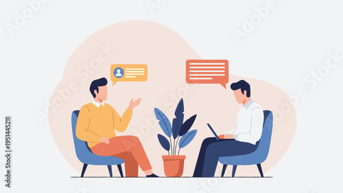 Vector illustration of two cartoon men chatting on blue chairs beside a leafy plant with speech bubbles