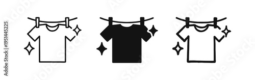 Fresh Laundry and Clean Clothes Icons Set - T-Shirt Drying on a Clothesline