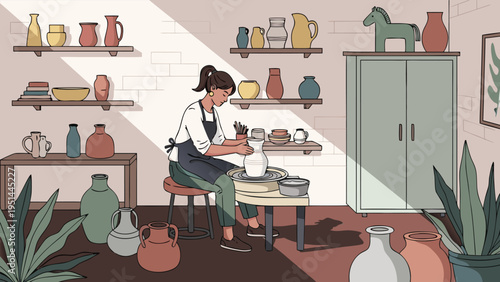 Vector illustration of artisan crafting clay vase in bright pottery studio workshop