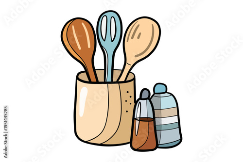 Kitchen Utensils Holder with Spoon Set and Condiments Vector Illustration Cooking Tools Icon