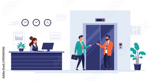 Two businessmen have a conversation near the elevator in a modern hotel lobby while a receptionist works at the desk.