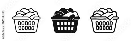 Laundry Basket Icons Set - Basket Full of Dirty Clothes Ready for Washing