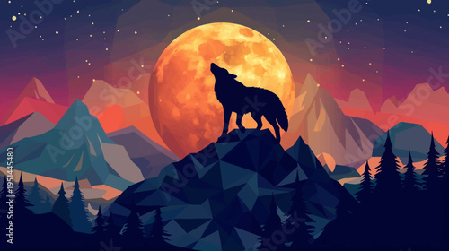 Silhouette of wolf howling at the moon over mountains and trees at night