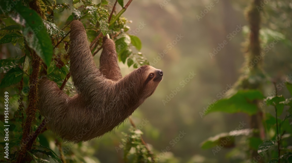 Obraz premium A Side Shot of a Sloth Hanging Upside Down From a Branch in a Lush Forest Environment