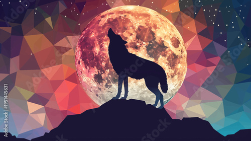 Silhouette of wolf howling at the moon against starry night background