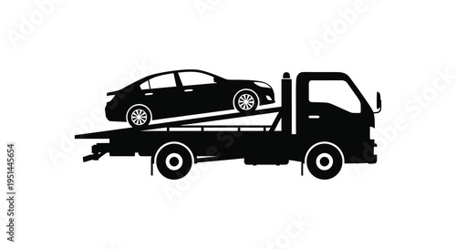 A black silhouette depicts a car being transported on a flatbed tow truck showcasing roadside assistance services silhouette high quality professional