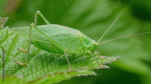 Green katydid insect perched on textured leaf in soft daylight macro nature photography
