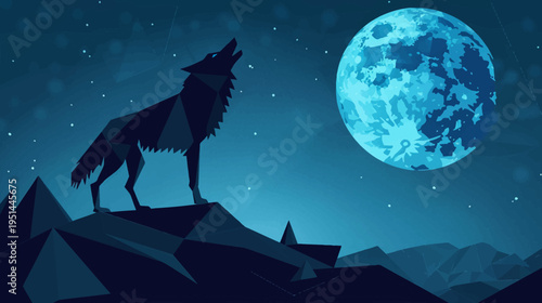 Geometric wolf howling at a glowing full moon in a starry night scene