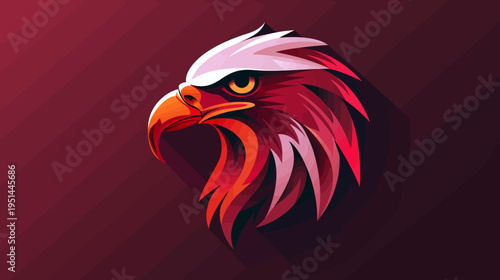 Stylized eagle head illustration against deep red background