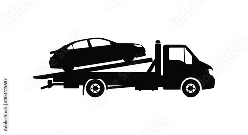 A black silhouette depicts a flatbed tow truck transporting a disabled vehicle on a highway silhouette high quality professional detailed modern