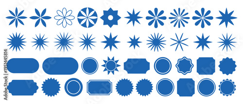 Star and flower shape vector elements, abstract retro geometric stickers, Y2K modern label vector illustrations, colorful decorative design, isolated pack