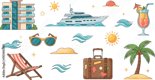 Summer Vacation Travel Icon Set with Beach Cruise Sunglasses Palm Tree and Luggage