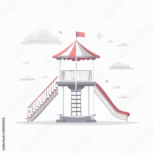 A colorful illustration of a playhouse with a red and white slide and staircase in a lively outdoor setting with clouds.