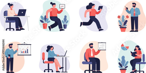 Business professionals in various office and meeting scenarios