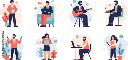 Business professionals engaged in various work and leisure activities