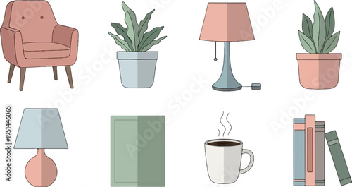 Cozy indoor objects armchair, plants, lamps, book, coffee, books