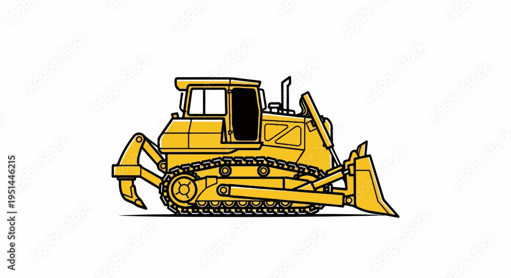 Obraz premium A yellow bulldozer with black outlines and tracks against a white background
