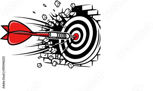 A red dart pierces a brick wall and a dartboard with explosive debris