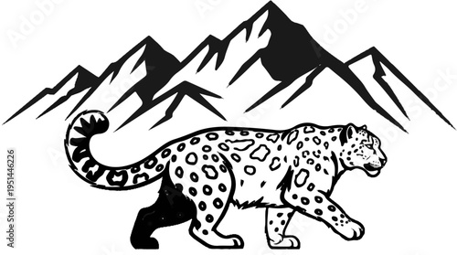 Black and white illustration of a spotted cat walking with jagged mountain peaks behind it