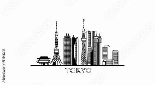 Black and white line art depicts a city skyline with iconic towers and buildings