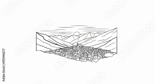 A line drawing depicts a clustered village nestled between rolling hills under a hazy sun