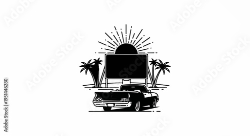 Classic car parked at a drive-in movie theater by the beach