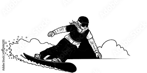 A stylized black and white illustration of a snowboarder in motion, kicking up snow