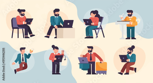 Diverse individuals engaged in various work and leisure activities, some with laptops