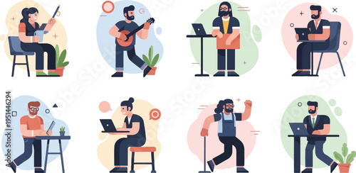 Diverse individuals engaged in various work and leisure activities, illustration