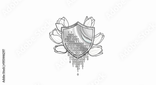 A stylized shield adorned with tulips and a cascading digital code