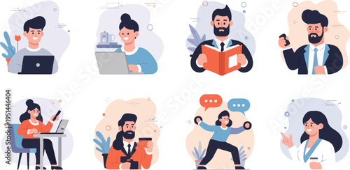 Diverse people engage in work, leisure, and communication activities