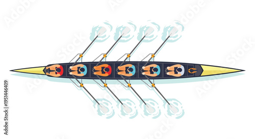 An overhead view depicts a rowing team of eight in a long slender boat with steam rising silhouette high quality professional