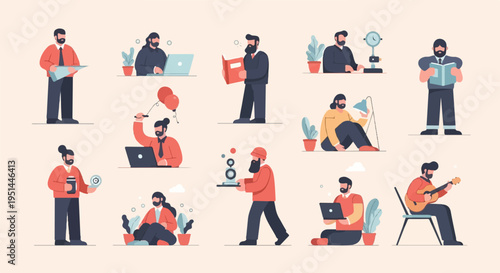 Diverse figures engaged in various activities and hobbies against a plain background