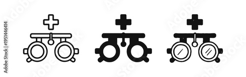 Phoropter eye exam device icon set with a medical cross, representing optometry, vision testing, and optical health.