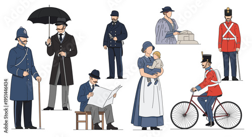 Collection of diverse characters dressed in traditional Victorian era clothing including a police officer, soldier, and mother.