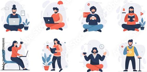 Diverse people engaged in work, reading, and relaxation with beverages