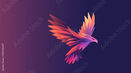 Geometric eagle illustration soaring against a purple gradient background