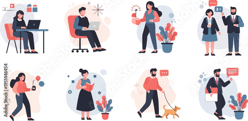 Diverse individuals engage in work, leisure, and communication activities