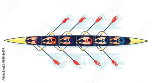 A colorful overhead view depicts an eight person rowing team in a sleek boat showcasing a bold silhouette high quality professional detailed