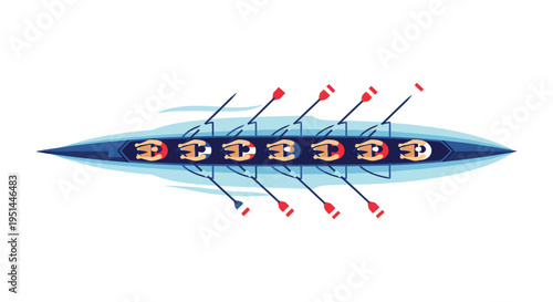 An overhead view depicts an eight person rowing crew in a long sleek boat showcasing a striking silhouette high quality professional detailed