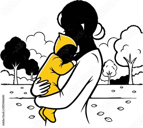 Silhouette mother embraces sleeping baby in yellow outfit outdoors with trees