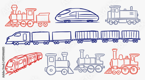 Hand-drawn vector illustration of various train types, including classic steam locomotives, modern bullet trains, and freight cars, in a playful sketch style