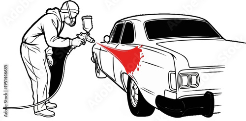 Person in protective gear sprays red paint onto side of vintage car