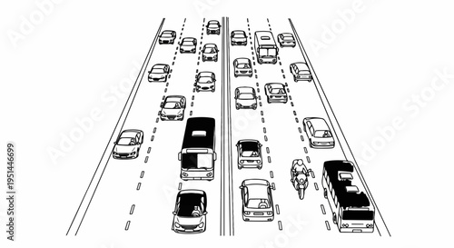 Overhead view of a multi-lane highway with various vehicles in motion