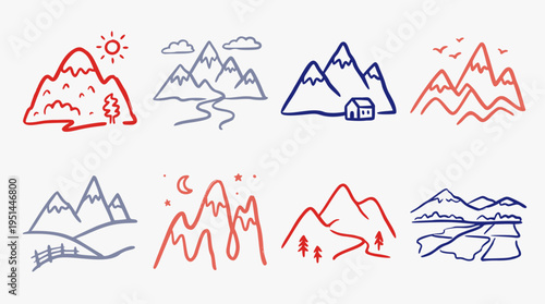 Collection of hand-drawn vector landscape icons, depicting various mountain ranges, sun, moon, clouds, and trees in a charming doodle art style