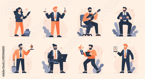 A collection of business people engaged in various activities