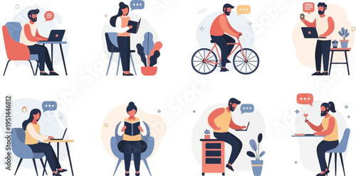 Flat illustrations of people engaging in various activities, like working and relaxing